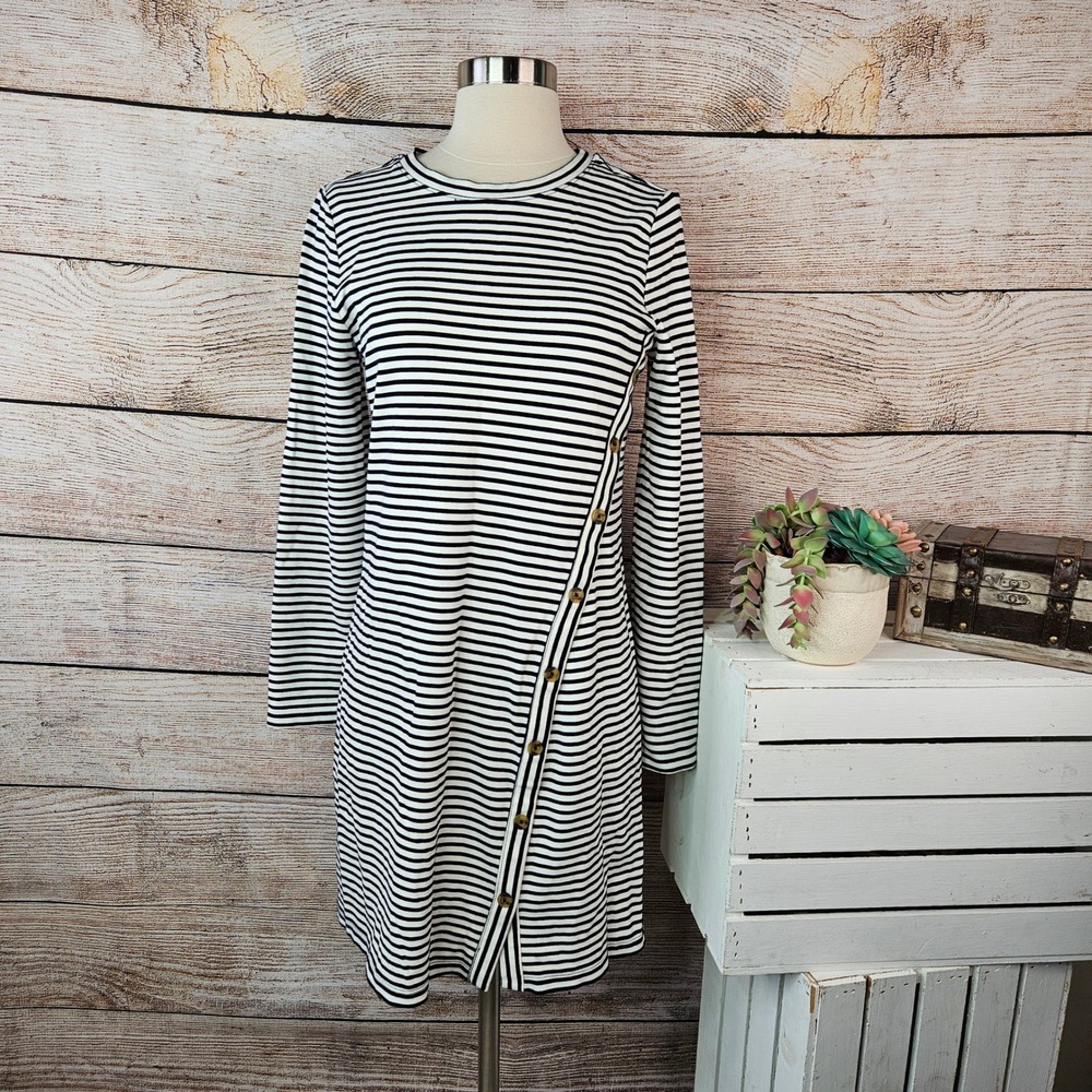 LOFT Black White Striped Long Sleeve Shift Dress Asymmetrical Button Small